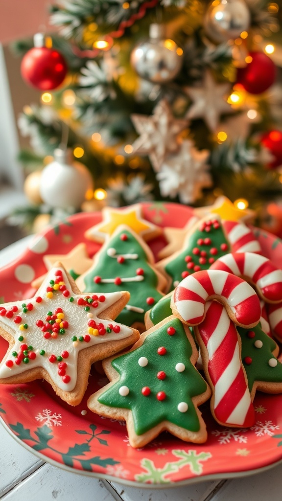 Decorated Christmas sugar cookies in various shapes on a festive plate with a Christmas tree in the background.